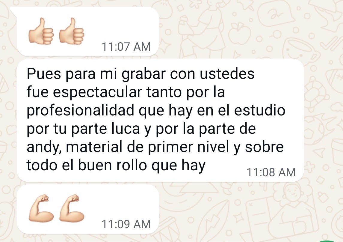 WhatsApp message from a client praising the studio session with Luca and Andy